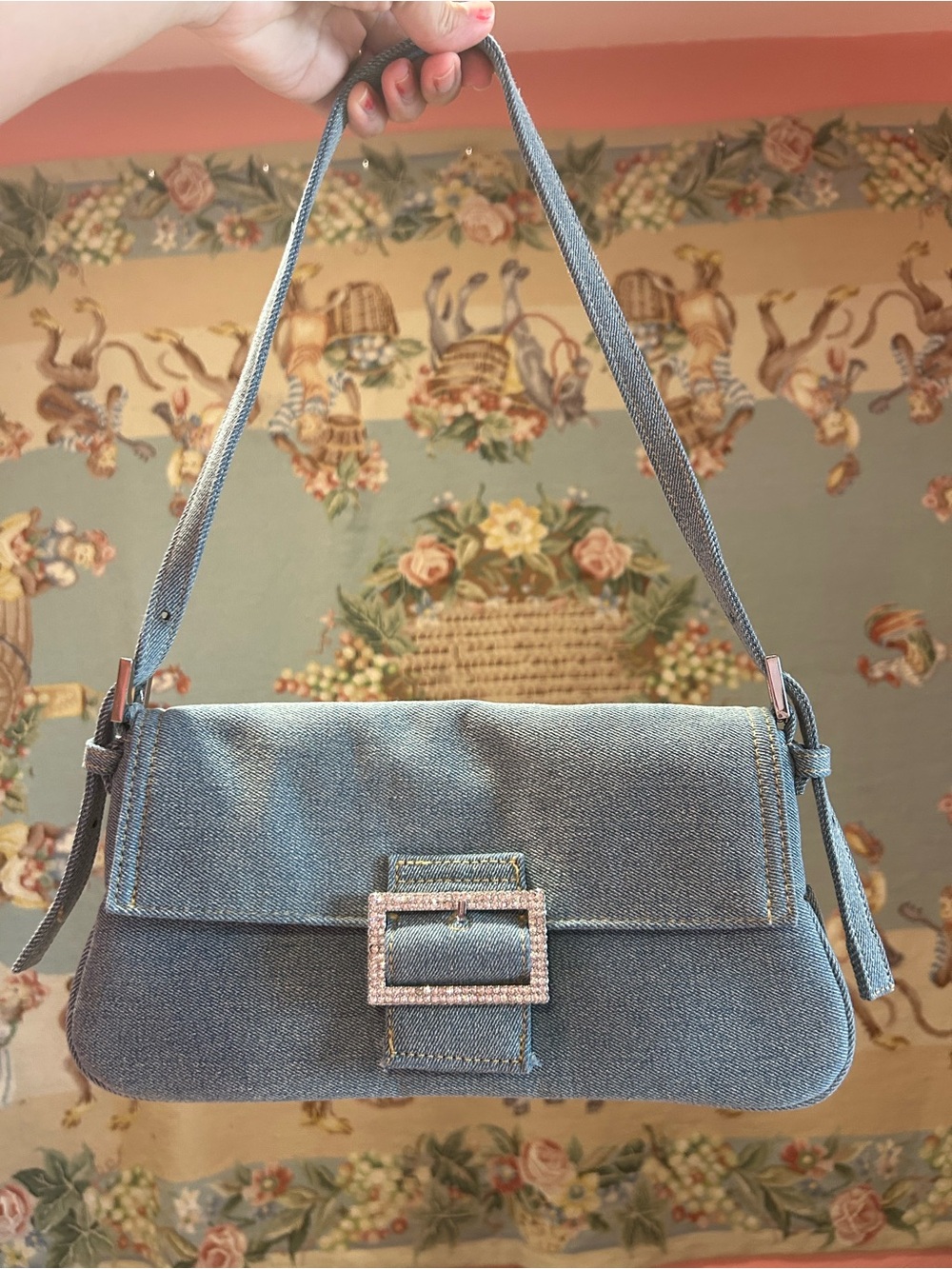 Moda Luxe Denim Shoulder Bag with Rhinestone Buckle